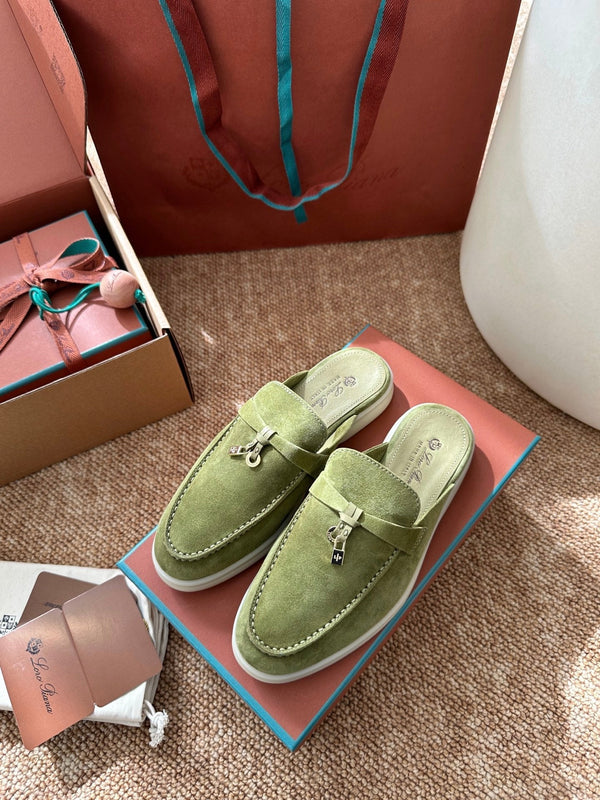 Loro Piana Charms Walk Flat Mules Olive Green Suede 623441