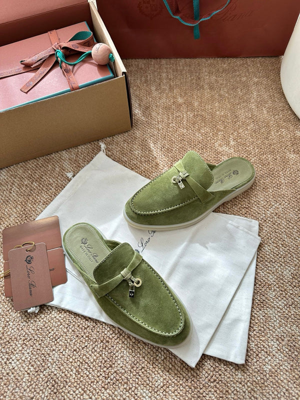 Loro Piana Charms Walk Flat Mules Olive Green Suede 623441