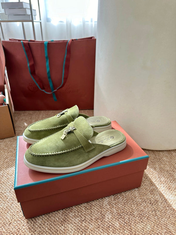 Loro Piana Charms Walk Flat Mules Olive Green Suede 623441