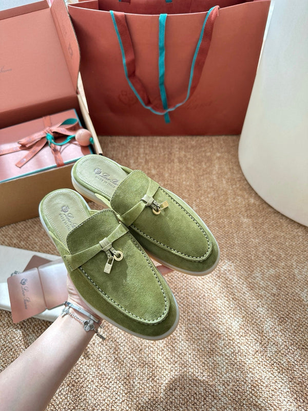 Loro Piana Charms Walk Flat Mules Olive Green Suede 623441