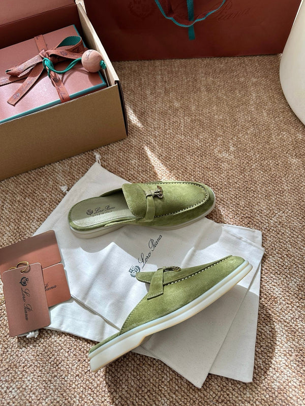 Loro Piana Charms Walk Flat Mules Olive Green Suede 623441