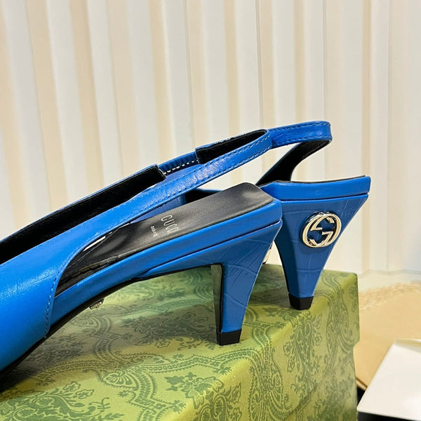 Slingback GG da donna con logo a punta e lettera G in argento, blu azzurro