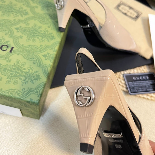 GG Women's G pointed silver-letter Logo slingback Nude Brown