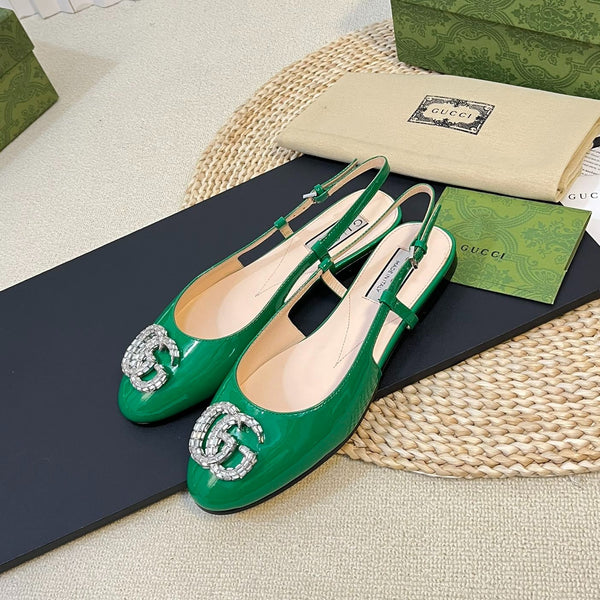 Ballerine slingback in vernice GG Double G Glossy Forest Green