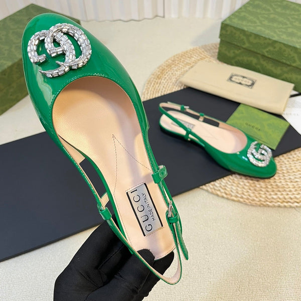 Ballerine slingback in vernice GG Double G Glossy Forest Green