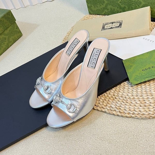 GG Women's Horsebit mid-heel slide sandal in Silver