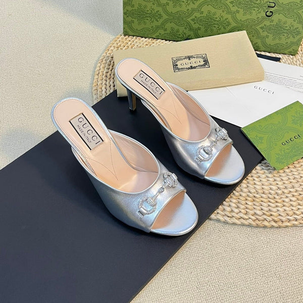 GG Women's Horsebit mid-heel slide sandal in Silver