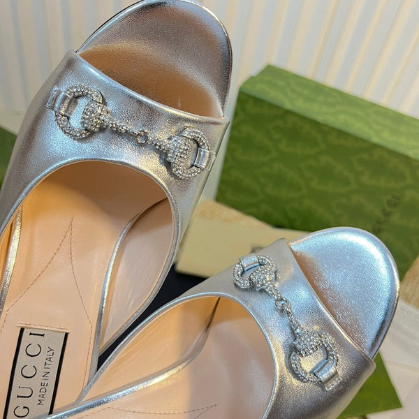 GG Women's Horsebit mid-heel slide sandal in Silver