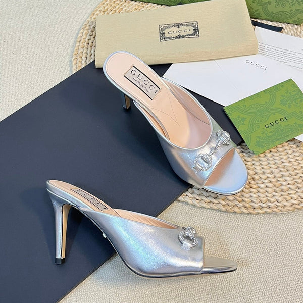 GG Women's Horsebit mid-heel slide sandal in Silver