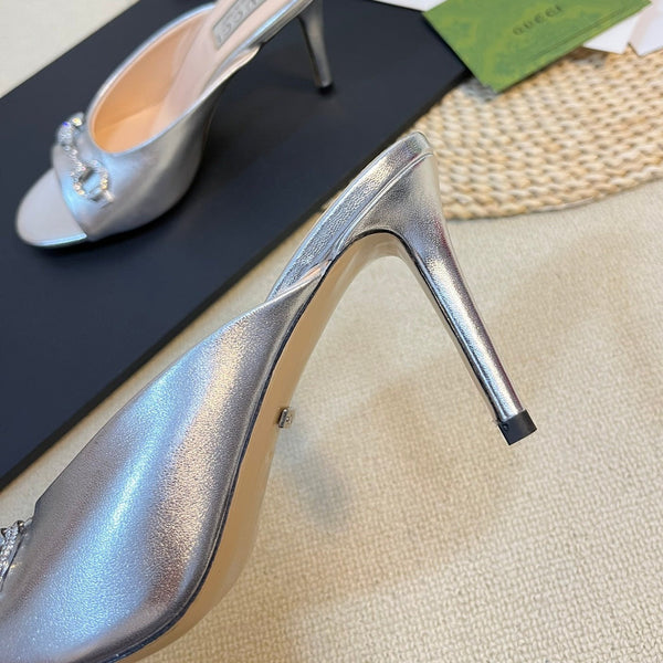 GG Women's Horsebit mid-heel slide sandal in Silver