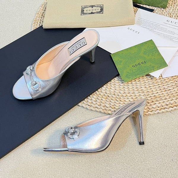 GG Women's Horsebit mid-heel slide sandal in Silver