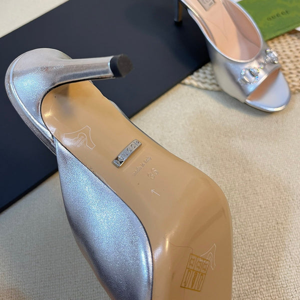 GG Women's Horsebit mid-heel slide sandal in Silver