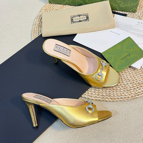 GG Women's Horsebit mid-heel slide sandal in Gold