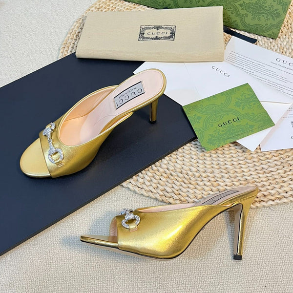 GG Women's Horsebit mid-heel slide sandal in Gold