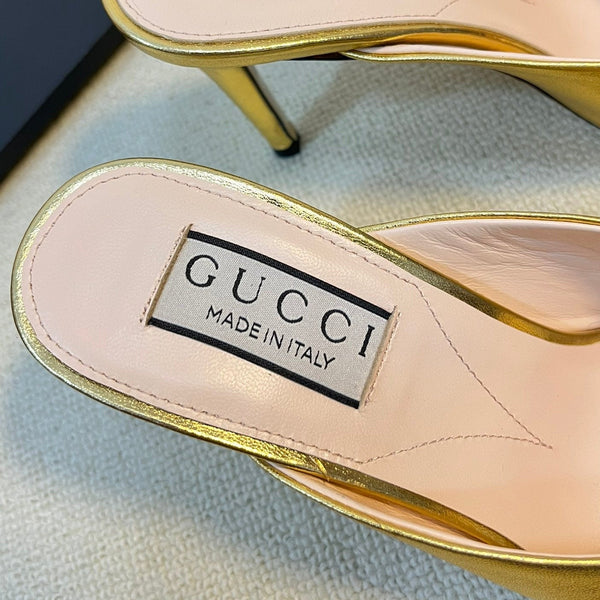 GG Women's Horsebit mid-heel slide sandal in Gold