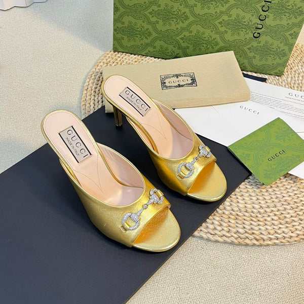 GG Women's Horsebit mid-heel slide sandal in Gold