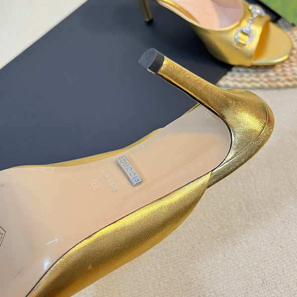 GG Women's Horsebit mid-heel slide sandal in Gold