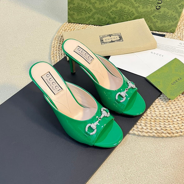 GG Women's Horsebit mid-heel slide sandal in glossy Jade Green