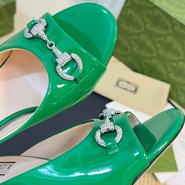 GG Women's Horsebit mid-heel slide sandal in glossy Jade Green