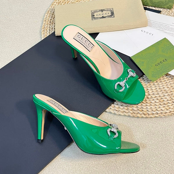 GG Women's Horsebit mid-heel slide sandal in glossy Jade Green