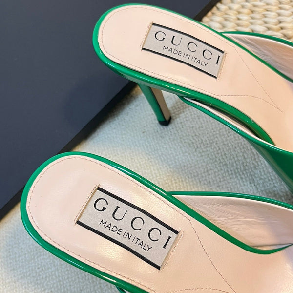 GG Women's Horsebit mid-heel slide sandal in glossy Jade Green