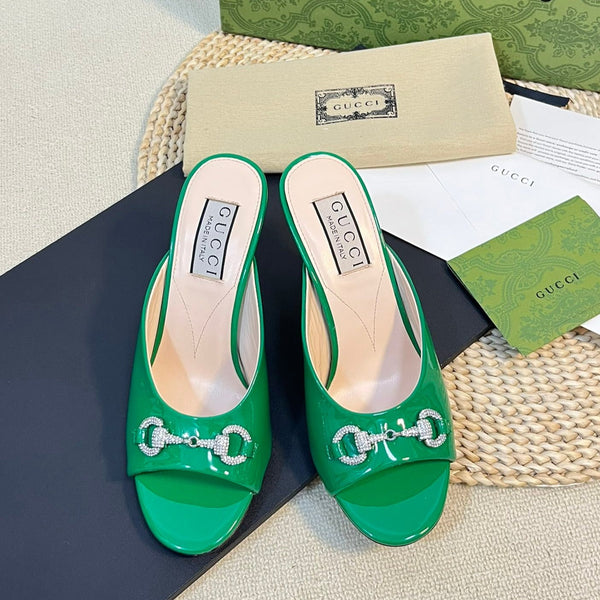 GG Women's Horsebit mid-heel slide sandal in glossy Jade Green