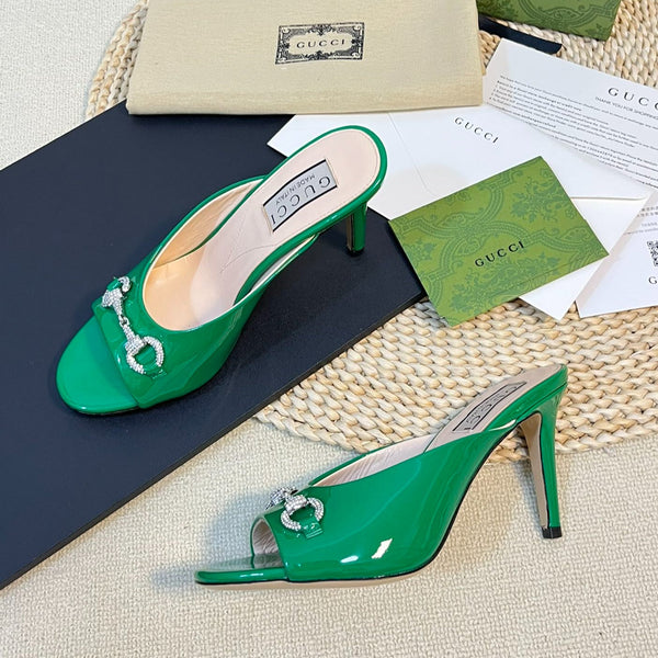 GG Women's Horsebit mid-heel slide sandal in glossy Jade Green