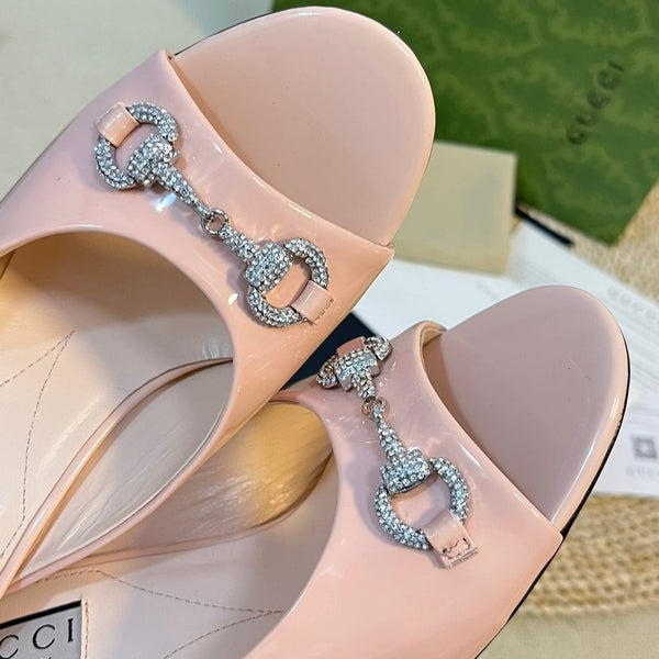 GG Women's Horsebit mid-heel slide sandal in glossy Rose Pink