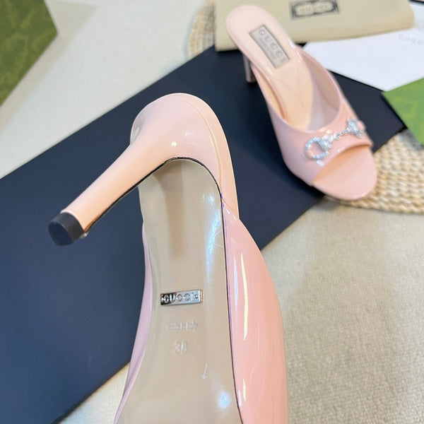 GG Women's Horsebit mid-heel slide sandal in glossy Rose Pink