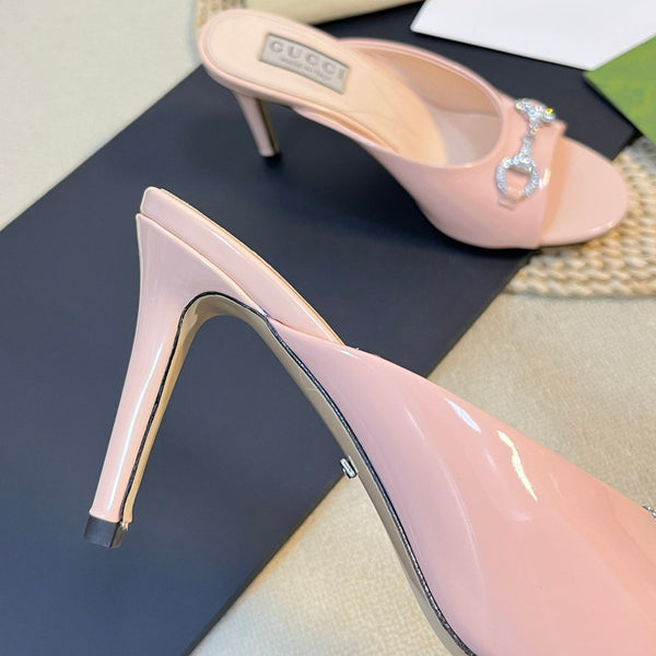 GG Women's Horsebit mid-heel slide sandal in glossy Rose Pink