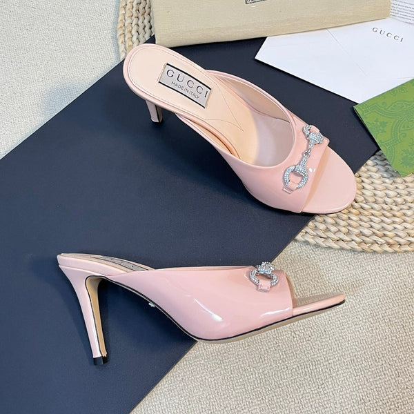 GG Women's Horsebit mid-heel slide sandal in glossy Rose Pink