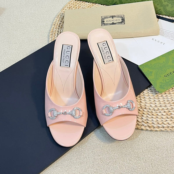 GG Women's Horsebit mid-heel slide sandal in glossy Rose Pink