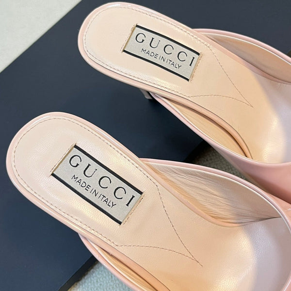 GG Women's Horsebit mid-heel slide sandal in glossy Rose Pink