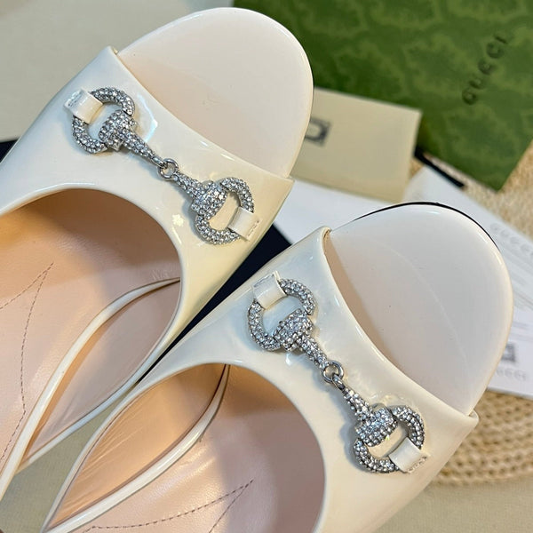 GG Women's Horsebit mid-heel slide sandal in glossy White leather