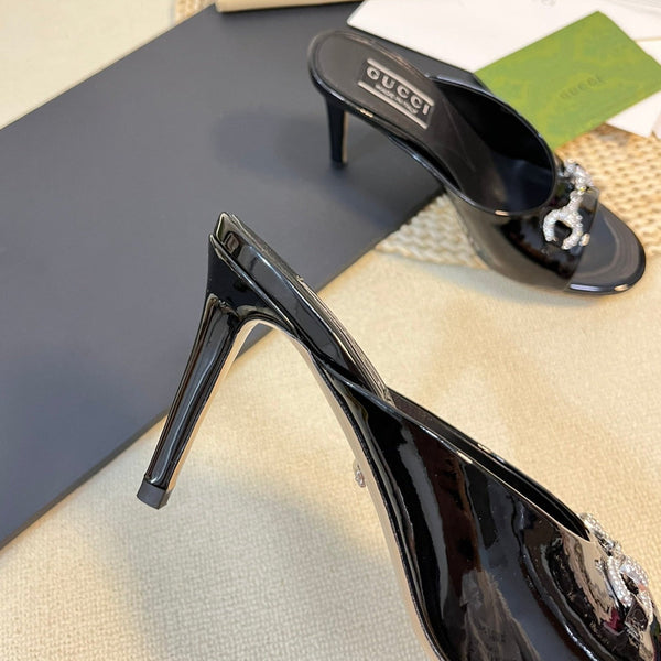 GG Women's Horsebit mid-heel slide sandal in glossy black leather