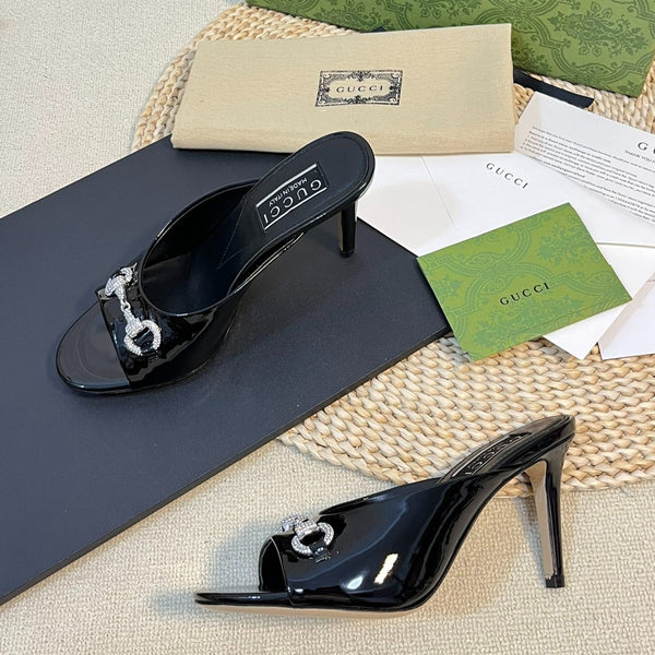 GG Women's Horsebit mid-heel slide sandal in glossy black leather