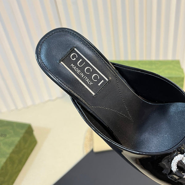 GG Women's Horsebit mid-heel slide sandal in glossy black leather