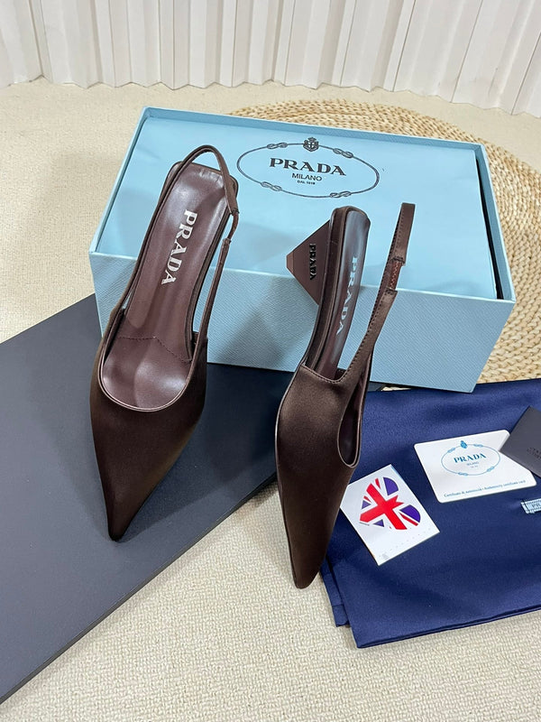PRA POINTED TOE SLINGBACK PUMPS CHOCOLATE SATIN