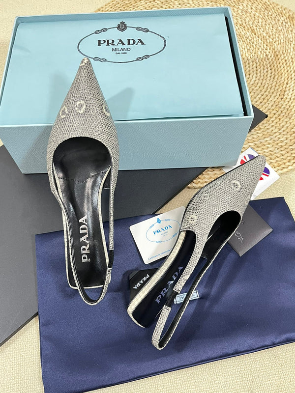 PRA POINTED TOE SLINGBACK PUMPS SNAKESKIN MOTIF SATIN