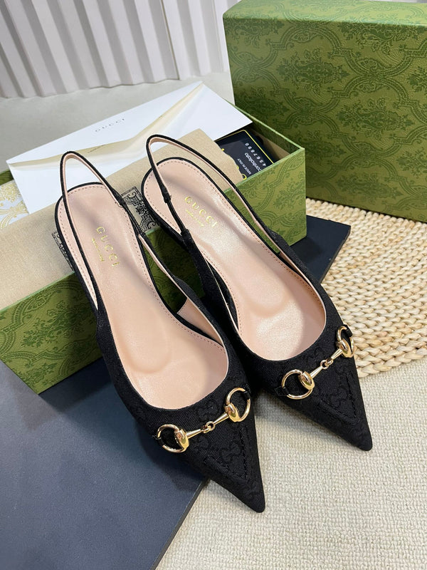 GC Horsebit Slingback Pump 10mm Black Canvas Sheepskin 294552