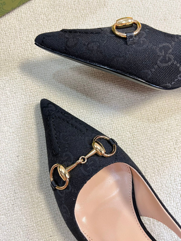 GC Horsebit Slingback Pump 50mm Black Canvas Sheepskin 294558