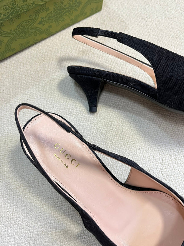 GC Horsebit Slingback Pump 50mm Black Canvas Sheepskin 294558