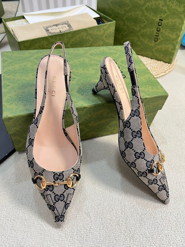 GC Horsebit Slingback Pump 50mm Beige mix Blue Canvas Sheepskin 294559