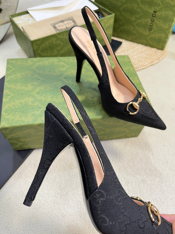 GC Horsebit Slingback Pump 100mm Black Canvas Sheepskin 294564