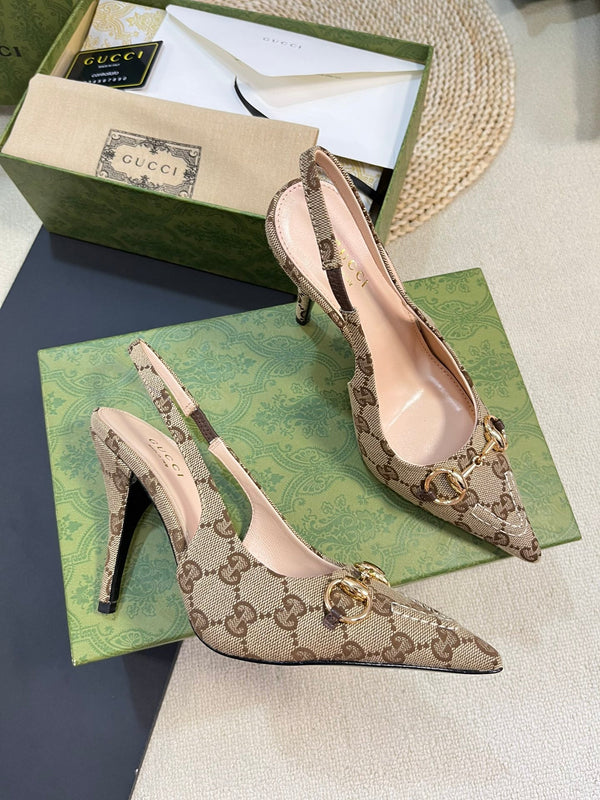 GC Horsebit Slingback Pump 100mm Beige mix Brown Canvas Sheepskin 294566