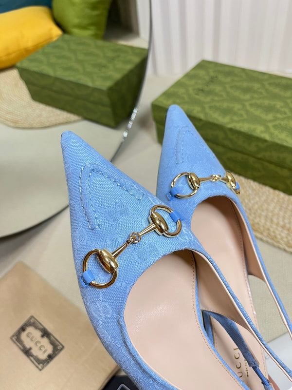 GC Horsebit Slingback Pump 10mm Blue Canvas Sheepskin 294542