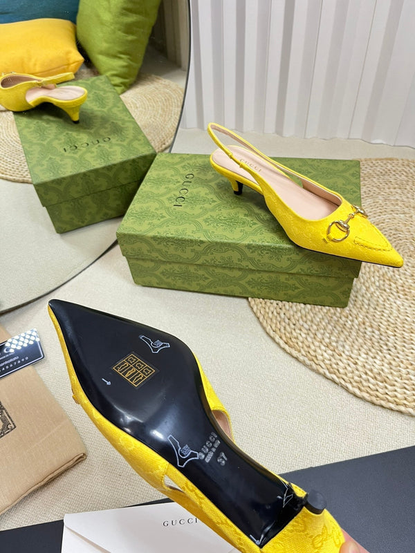 GC Horsebit Slingback Pump 50mm Yellow Canvas Sheepskin 294545