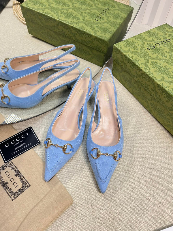 GC Horsebit Slingback Pump 50mm Blue Canvas Sheepskin 294546