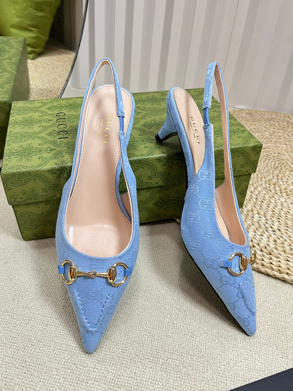 GC Horsebit Slingback Pump 50mm Blue Canvas Sheepskin 294546