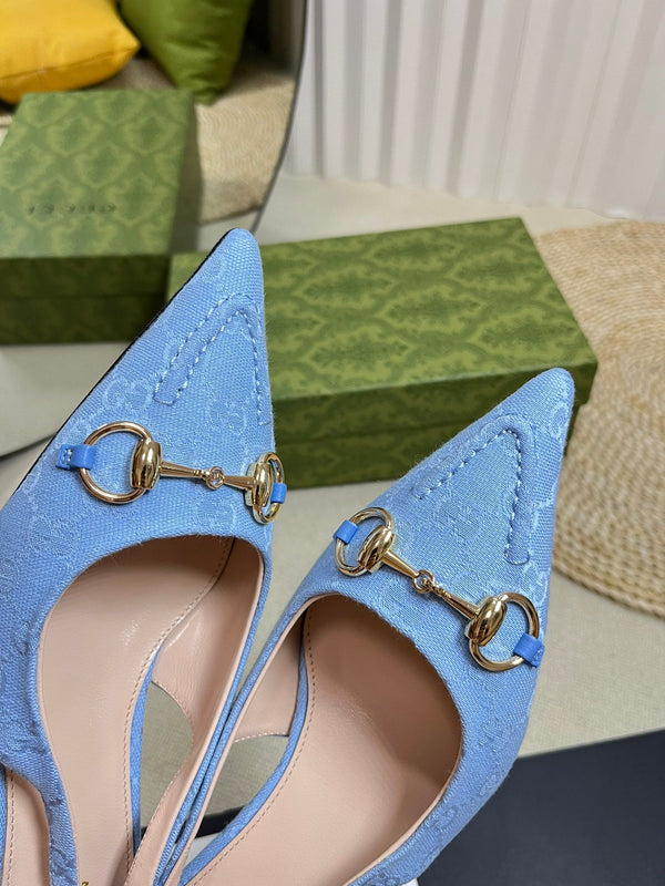 GC Horsebit Slingback Pump 50mm Blue Canvas Sheepskin 294546